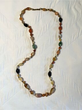 Vintage 60s Multi-Color Agate Beggar Bead Necklace - 35" Long Boho